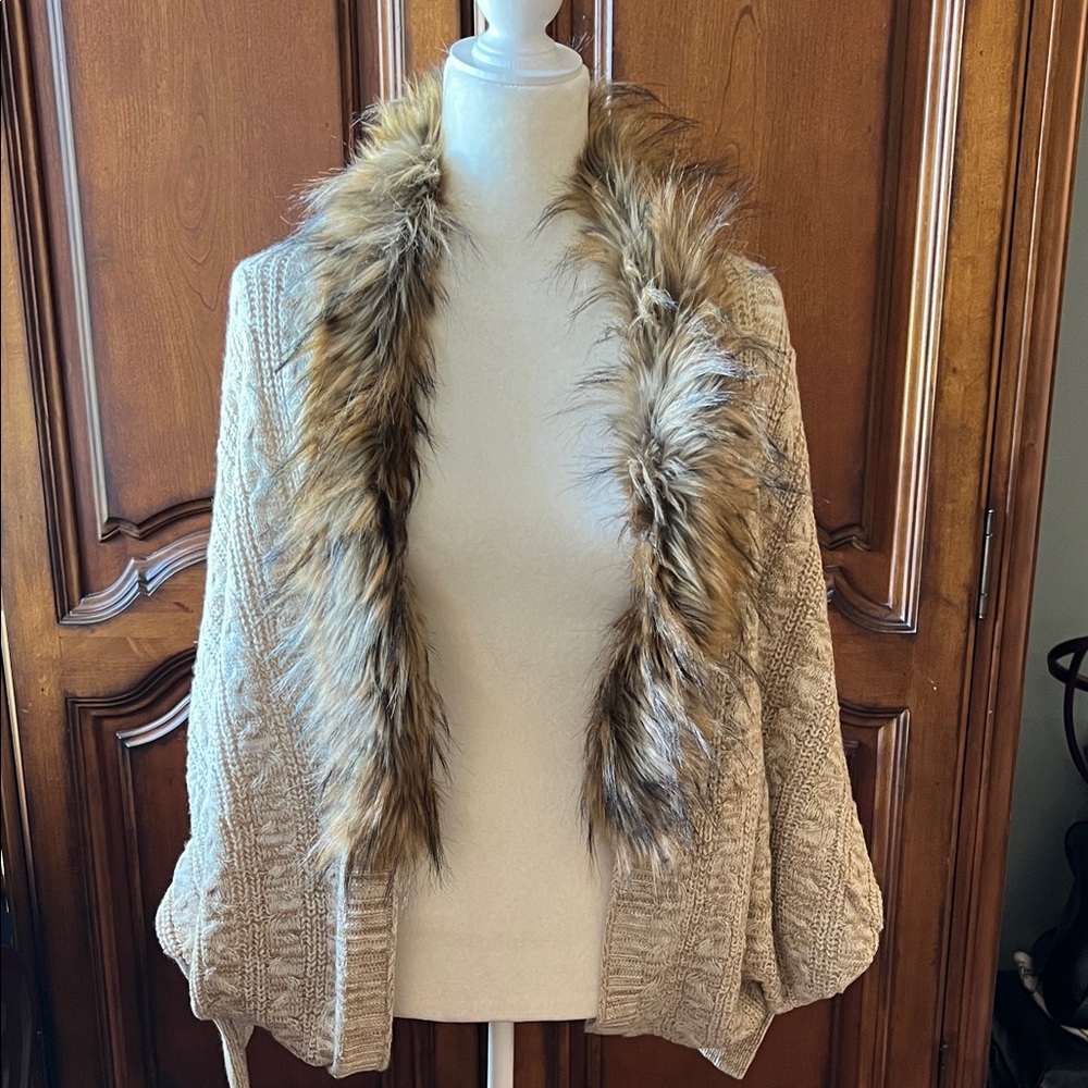 Neiman Marcus Tan Cardigan with Faux Fur Trim, NWT, L